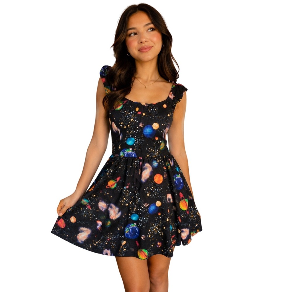 Retrolicious Galaxy Solar System Print Dress Large Black Cotton Fit Flare Space